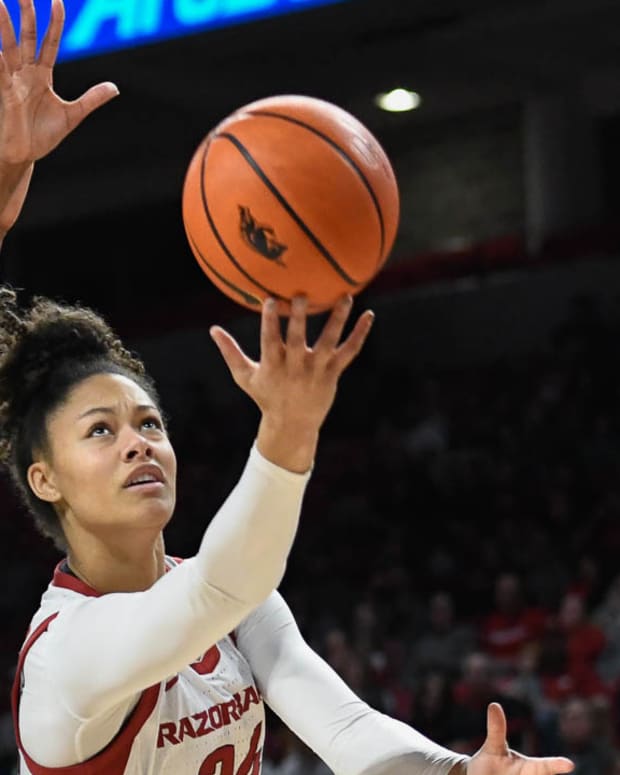 Arkansas Razirbacks Jersey Wolfenbarger puts up a shot against Texas A&M.